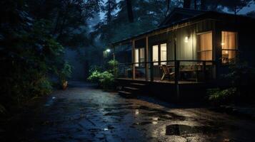 A cabin in the woods with a porch light on and a wet pathway. photo