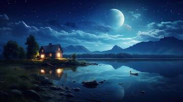 A cabin sits on the edge of a lake, lit up at night under a crescent moon.  A small boat is in the water, with a person in it, as the cabin is reflected in the water. photo