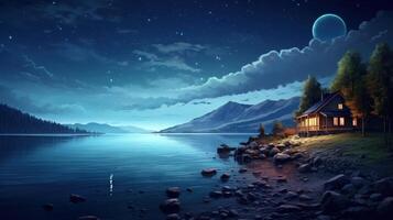 A cabin sits on the shore of a lake under a starry sky with a crescent moon. photo