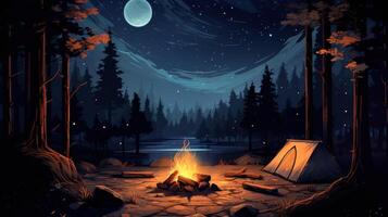 A campfire burns brightly in a moonlit forest, casting warm light on a tent and the surrounding trees. photo