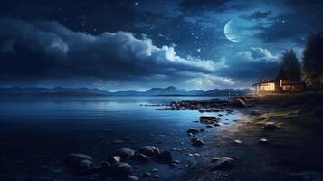 A cabin with lit windows sits on the shore of a tranquil lake under a star-filled night sky. photo