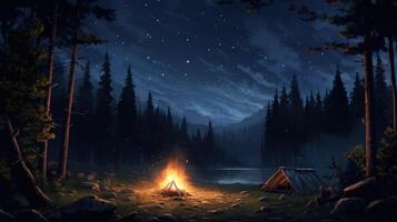 A campfire burns brightly in the forest under a starry night sky, casting a warm glow on the surrounding trees and a nearby lake. photo