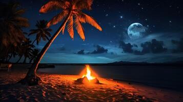 A campfire burns brightly on a beach under a night sky full of stars and a crescent moon. Palm trees stand tall in the background. photo