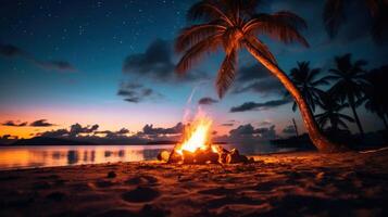 A campfire burns brightly on a beach under a starry sky with palm trees and a sunset reflection in the water. photo
