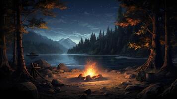 A campfire burns brightly on a sandy lakeshore, nestled between two tall trees. The lake stretches out before a thick forest line, with a small boat bobbing in the distance, and snow-capped mountains rise in the background. The sky is dark, dotted with st photo