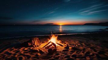 A campfire burns brightly on a sandy beach under a starry sky as the sun sets over the ocean. photo