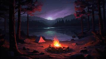 A campfire burns brightly on the lakeshore, casting a warm glow against the dark silhouette of the forest, with a tent nearby. photo