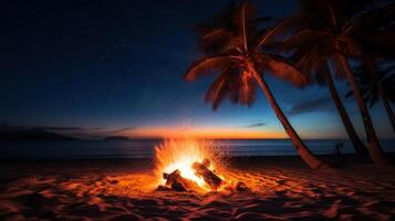 A campfire burns on a sandy beach at night under a starry sky, with palm trees silhouetted against the horizon. photo