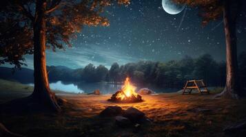 A campfire burns brightly under a starlit sky with a full moon, casting a warm glow on the lake and forest in the distance. photo