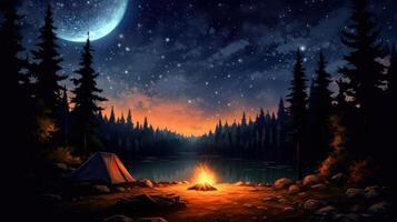 A campfire glows brightly in the forest under a starry sky and a large moon. photo