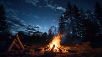 A campfire burns brightly under a starry night sky, illuminating the surrounding trees and grass. photo