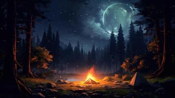 A campfire glows brightly in the middle of a forest at night, with a tent to the right and a crescent moon hanging in the sky. photo