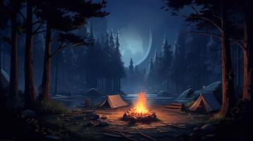 A campfire glows brightly between two tents in a dark forest lit by the moon. photo