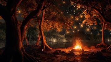 A campfire glows under a sky full of stars in a magical forest. photo