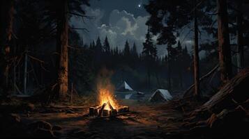 A campfire illuminates the forest floor at night, with two tents pitched nearby and a starry sky above. photo