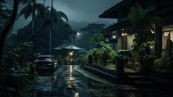 A car parked on a wet driveway in front of a modern house in the rain at night. photo
