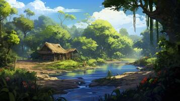 A charming cabin sits on a lush, green bank overlooking a calm river in a picturesque forest. photo