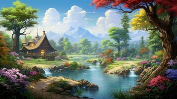 A charming fairytale cottage sits beside a babbling brook with cascading waterfalls in a lush forest setting. photo
