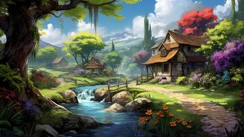 A charming cottage nestled amidst a lush forest landscape, with a winding stream flowing through the scene, adding a touch of tranquility to the picturesque setting. photo