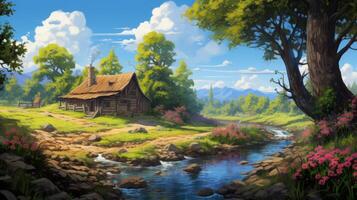 A charming, rustic cabin nestled amidst a lush, vibrant forest, with a tranquil stream winding through the landscape.  The scene is bathed in the warm glow of sunlight, casting long shadows on the ground. photo