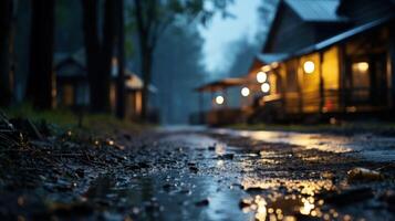A close-up of a puddle in a path leading to a dimly lit house with warm lights. photo