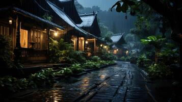 A cobblestone path winds through a lush, tropical village as rain falls on the dark, wooden buildings. photo