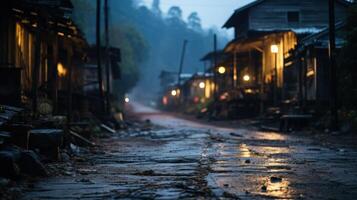 A cobblestone path winds through a small village, lit by warm lamplight, leading the way to a peaceful atmosphere. photo