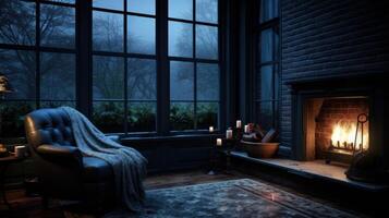 A cozy armchair with a blanket sits by a window with a view of a snowy forest and a fireplace with a roaring fire in a dark room. photo