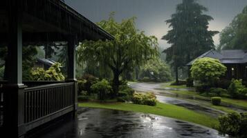 A covered porch with a view of a rainy day.  The porch is wooden and has a railing.  There are trees and bushes in the background, and the ground is wet from the rain. photo