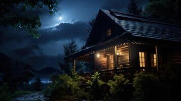 A cozy cabin nestled in the woods at night, with a bright moon shining overhead and warm lights illuminating the windows. photo