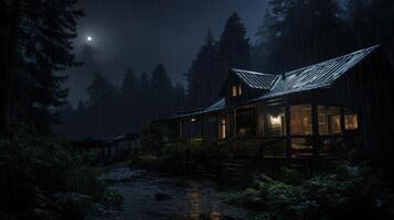 A cozy cabin in the woods at night, illuminated by a warm glow, with rain falling around it and a full moon in the sky. photo