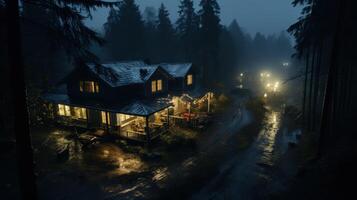 A cozy cabin lit up at night in a foggy forest. photo