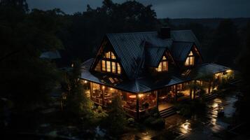 A cozy cabin nestled in the woods, illuminated by warm light on a rainy night. photo