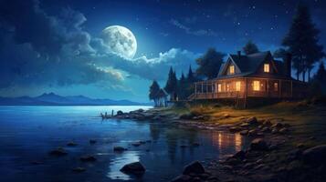 A cozy cabin on a lake with a full moon and starry night sky. photo