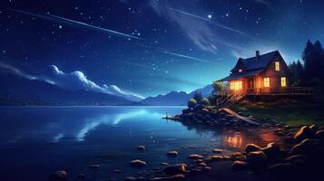 A cozy cabin on the lake shore with a starry night sky and mountain backdrop. photo