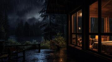 A cozy cabin with a warm interior glows in the darkness as rain falls heavily outside. photo