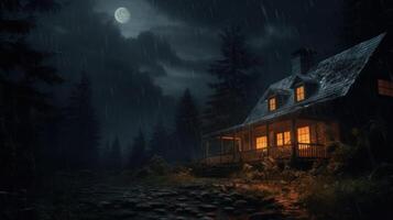 A cozy cabin with glowing windows sits in the middle of a dense forest on a stormy night. The trees are tall and dark, and the rain falls heavily. The moon shines brightly in the sky, casting an eerie glow over the scene. photo