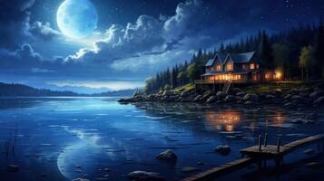 A cozy cabin on the lakeshore under a full moon. photo