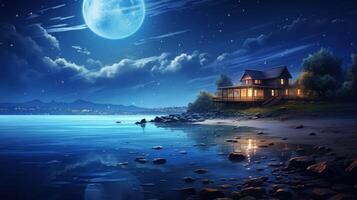 A cozy cabin sits on a rocky shore under a full moon, with a calm blue lake reflecting the night sky. photo
