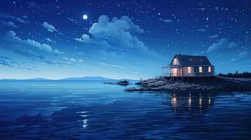 A cozy cabin sits on a rocky shore overlooking a calm, moonlit lake. photo