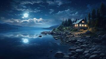 A cozy cabin with lights on sits on a rocky shore under a starry night sky with a full moon shining brightly. photo