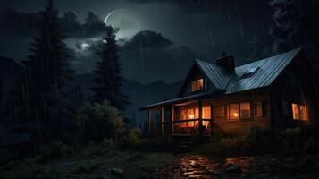 A cozy cabin with lights on in the window, shrouded in darkness and rain, illuminated by a sliver of moon in the night sky. photo