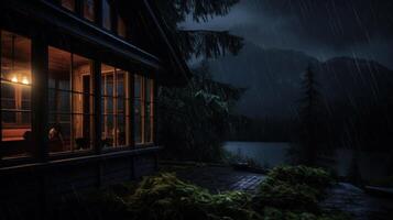 A cozy cabin with lit windows glows in the darkness of a stormy night, with rain falling and a lake visible in the distance. photo