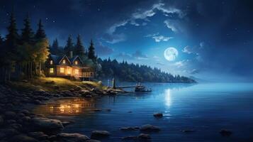 A cozy cabin with lights on sits on the edge of a lake under a bright full moon, with a small boat tied to a dock. photo