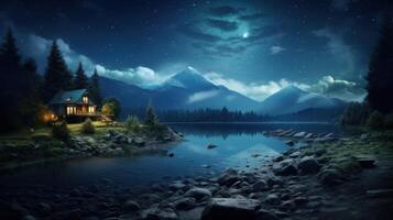 A cozy cabin with lit windows sits on a rocky lakeshore under a starry night sky with a moon above a mountainous landscape. photo