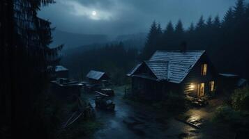 A cozy cabin with warm light glows in the woods on a misty night with a full moon. photo