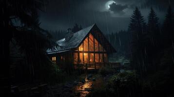 A cozy cabin with warm lights glowing inside, nestled in a dark and rainy forest under a full moon. photo