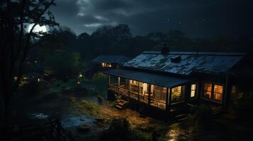 A cozy cabin with lit windows under a full moon and cloudy sky, nestled amidst a lush forest. photo