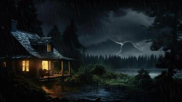 A cozy cabin with warm lights glows in the darkness of a stormy night. Rain falls hard on the dark forest and river, while mountains loom in the distance. photo