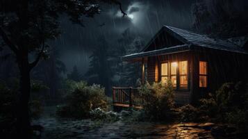A cozy cabin with warm lights glows in the dark and rainy woods. photo